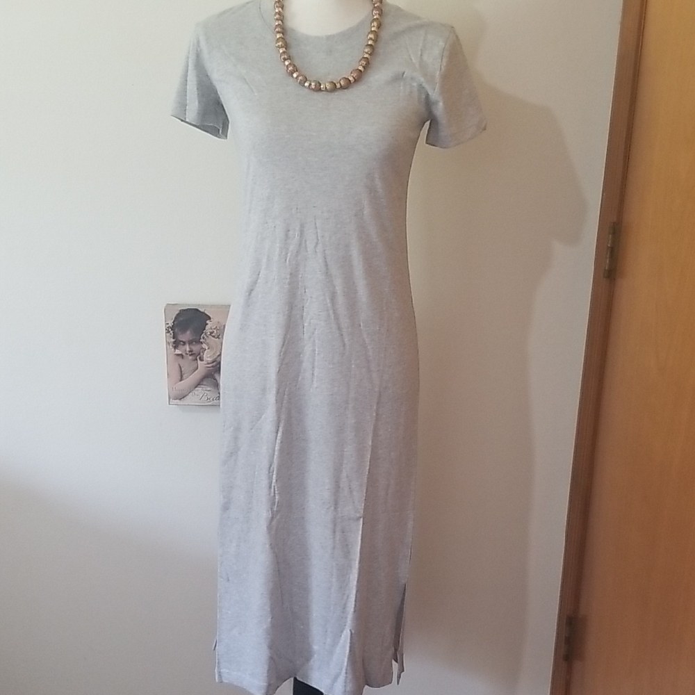J. Crew Short Sleeve Light Gray Cotton Side Slit Midi Dress XS New